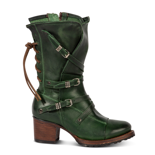 Green CORA leather booties featuring a back-lacing design, slouchy silhouette, and adjustable silver buckle straps.