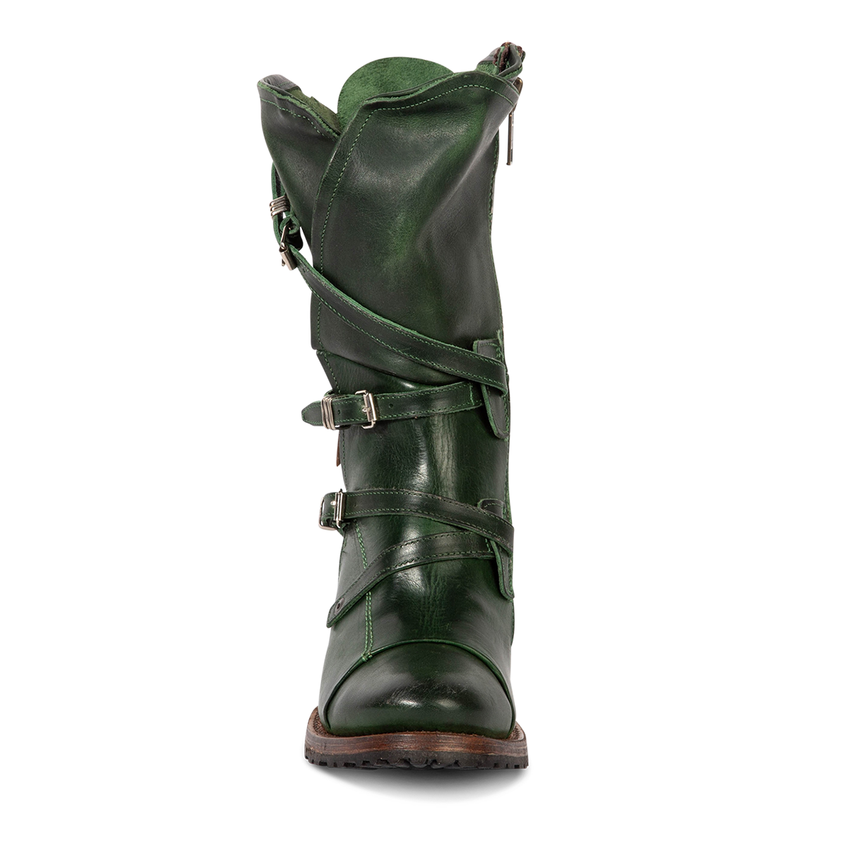 Front view showing Green CORA leather booties featuring a slouchy silhouette, and adjustable silver buckle straps.