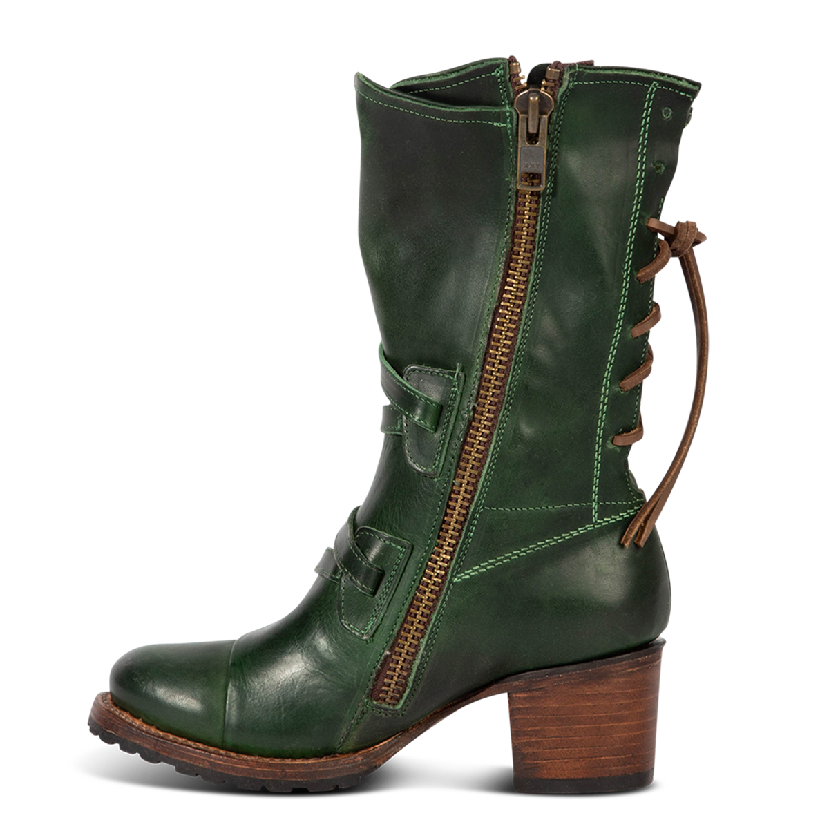 Inside view showing Green CORA leather booties featuring a back-lacing design, slouchy silhouette, and inside brass zipper
