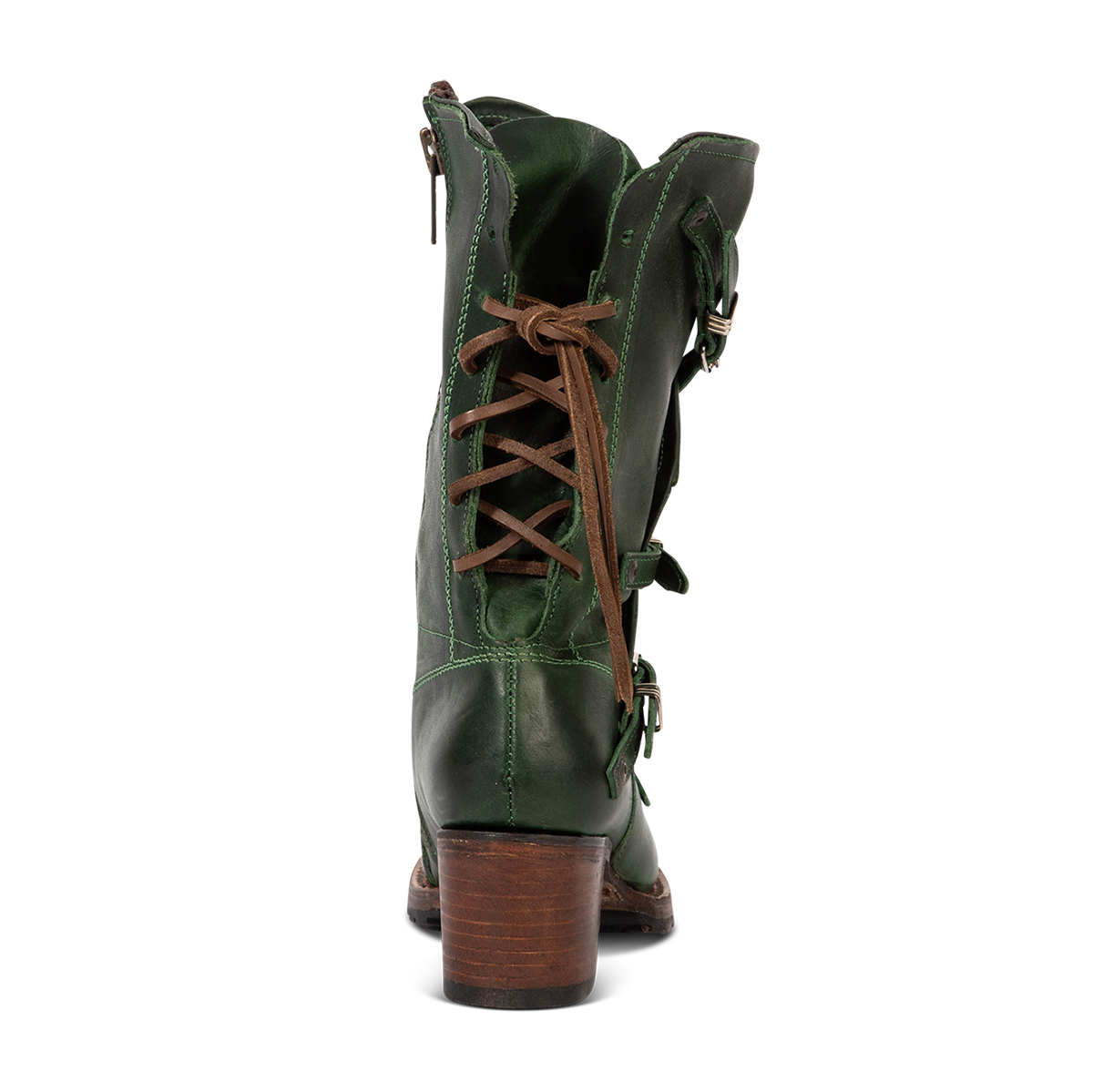 Back view showing Green CORA leather booties featuring a back-lacing design, slouchy silhouette, and lifted heel