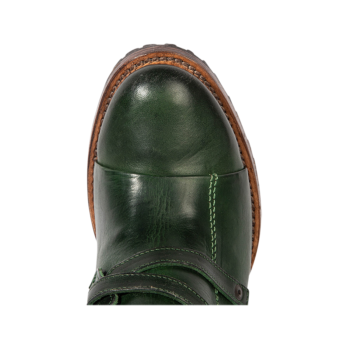 Top view showing a round toe construction on Freebird women's CORA Green leather boot