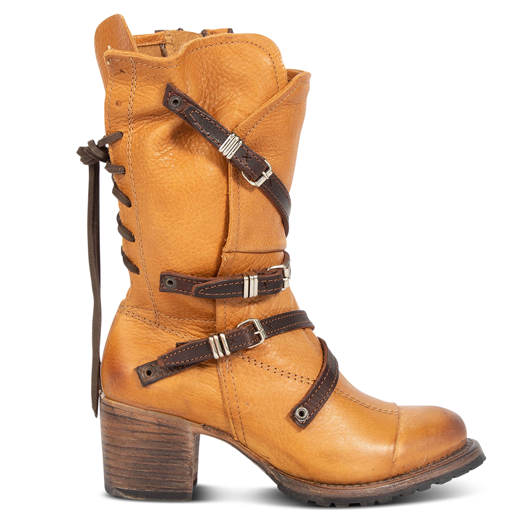 FREEBIRD women’s Cora tan slouchy back lacing leather boot with adjustable straps and buckles