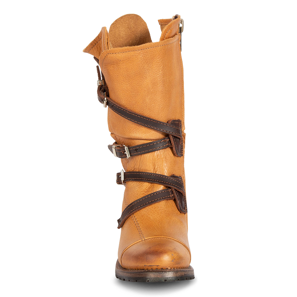 Front view showing a relaxed silhouette and adjustable leather straps with silver hardware on FREEBIRD women's Cora tan leather boot