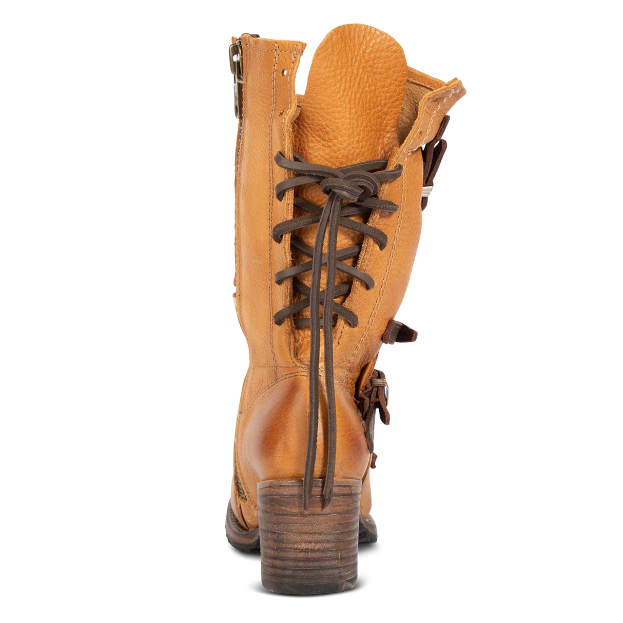 Back view showing adjustable leather lacing on FREEBIRD women's Cora tan leather boot
