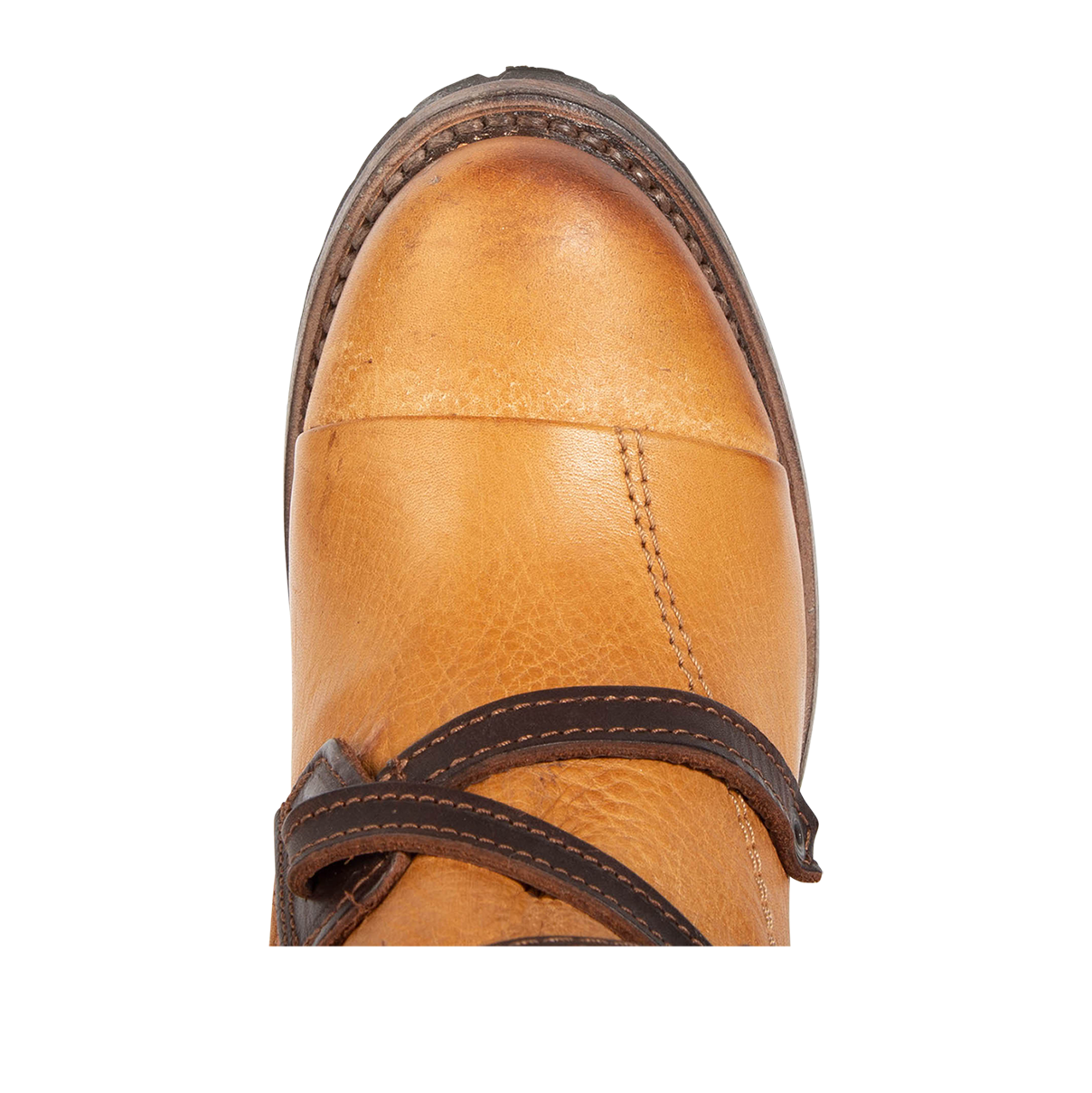 Top view showing round toe and leather ankle strap on FREEBIRD women's Cora tan leather boot