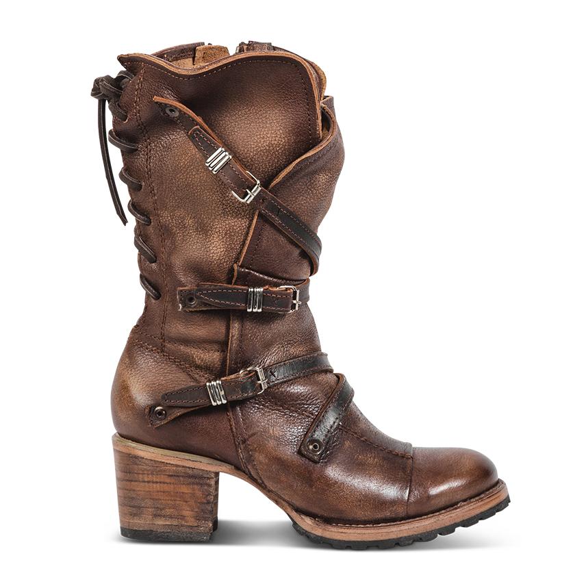 FREEBIRD women’s Cora brown slouchy back lacing leather boot with adjustable straps and buckles