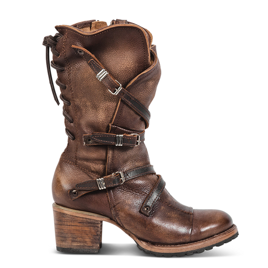 FREEBIRD women’s Cora brown slouchy back lacing leather boot with adjustable straps and buckles