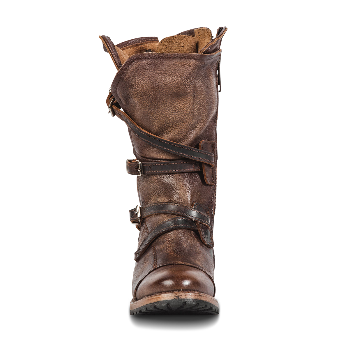Front view showing a relaxed silhouette and adjustable leather straps with silver hardware on FREEBIRD women's Cora brown leather boot