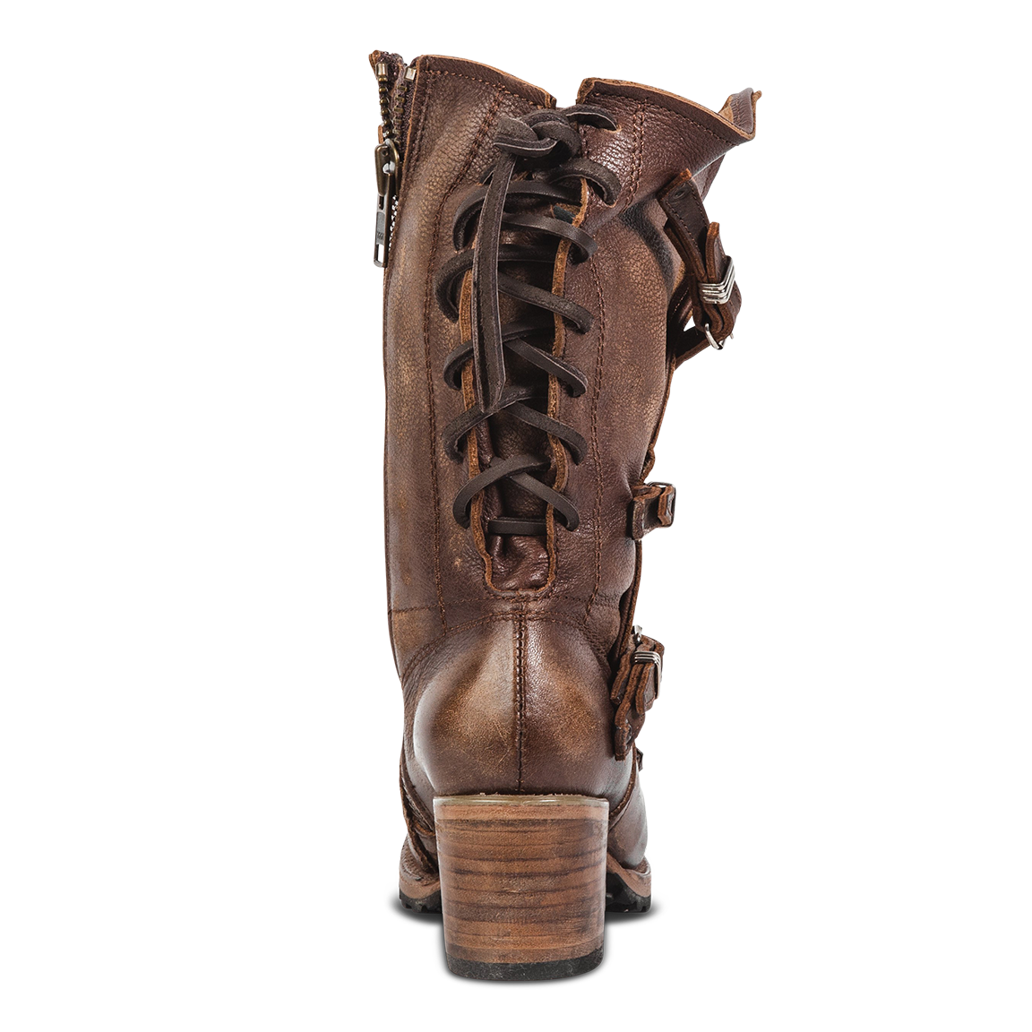 Back view showing adjustable leather lacing on FREEBIRD women's Cora brown leather boot