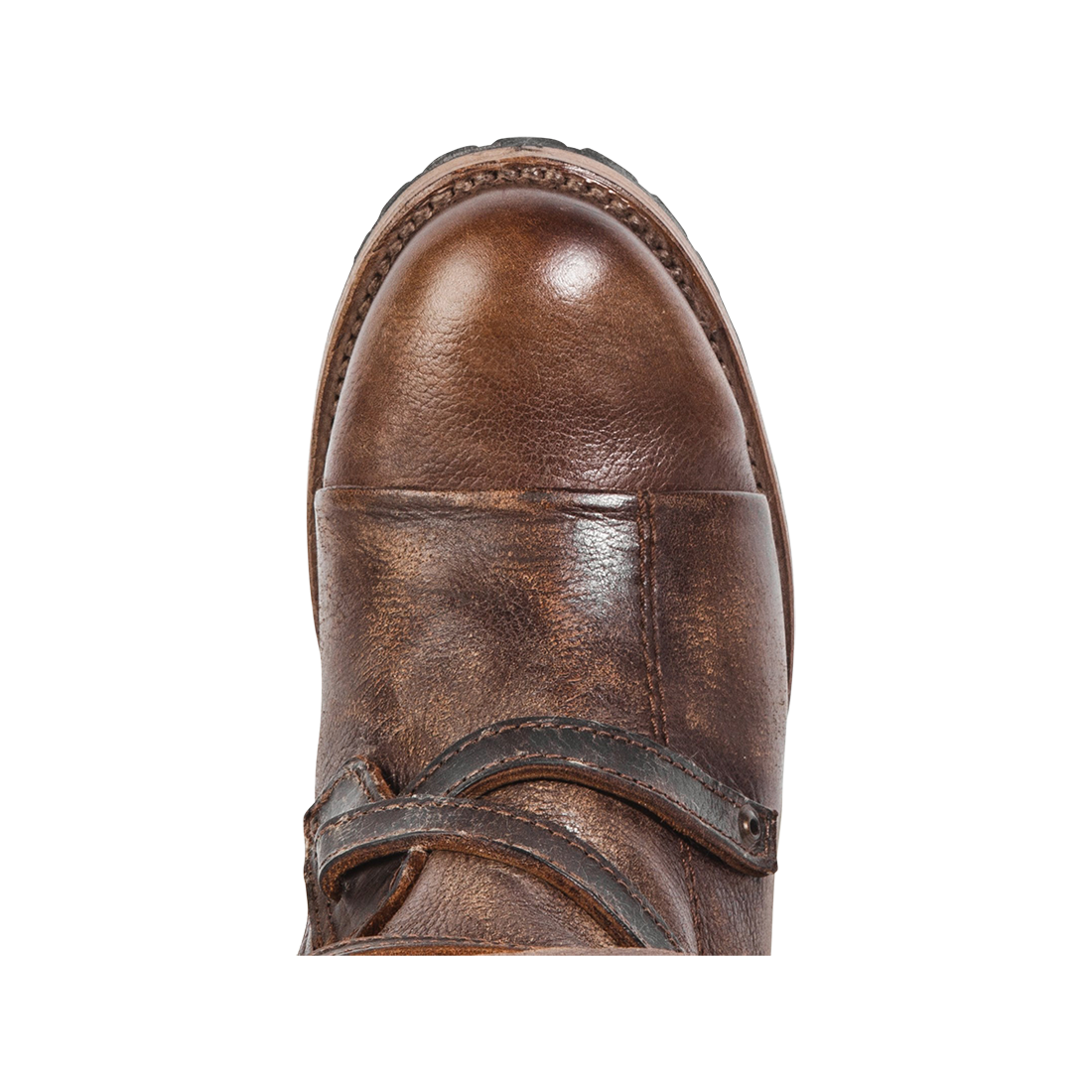 Top view showing round toe and leather ankle strap on FREEBIRD women's Cora brown leather boot
