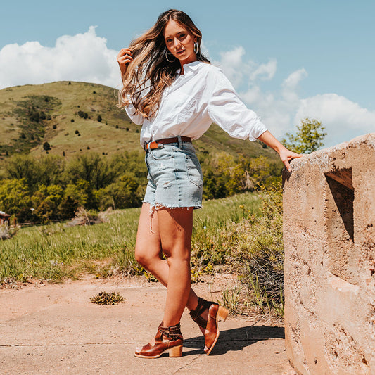 FREEBIRD women's Cosmic cognac leather sandal with a block heel, open-toe silhouette and stud embossments lifestyle