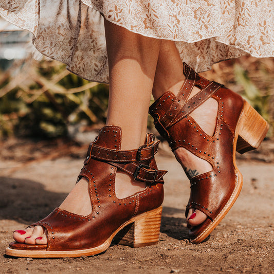 FREEBIRD women's Cosmic cognac leather sandal with a block heel, open-toe silhouette and stud embossments