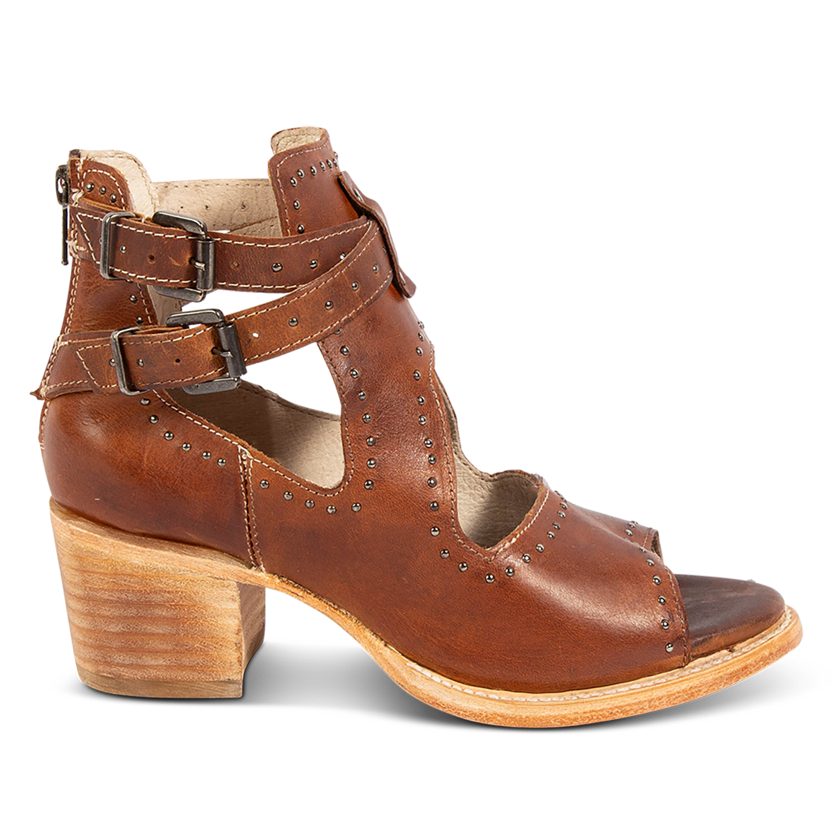 FREEBIRD women's Cosmic cognac leather sandal with a block heel, open-toe silhouette and stud embossments