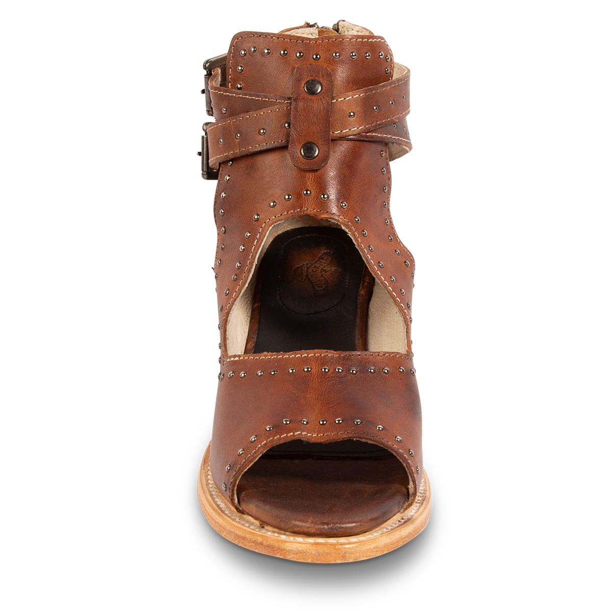 Front view showing FREEBIRD women's Cosmic cognac leather sandal with an open-toe silhouette, dual adjustable straps and stud embellishments