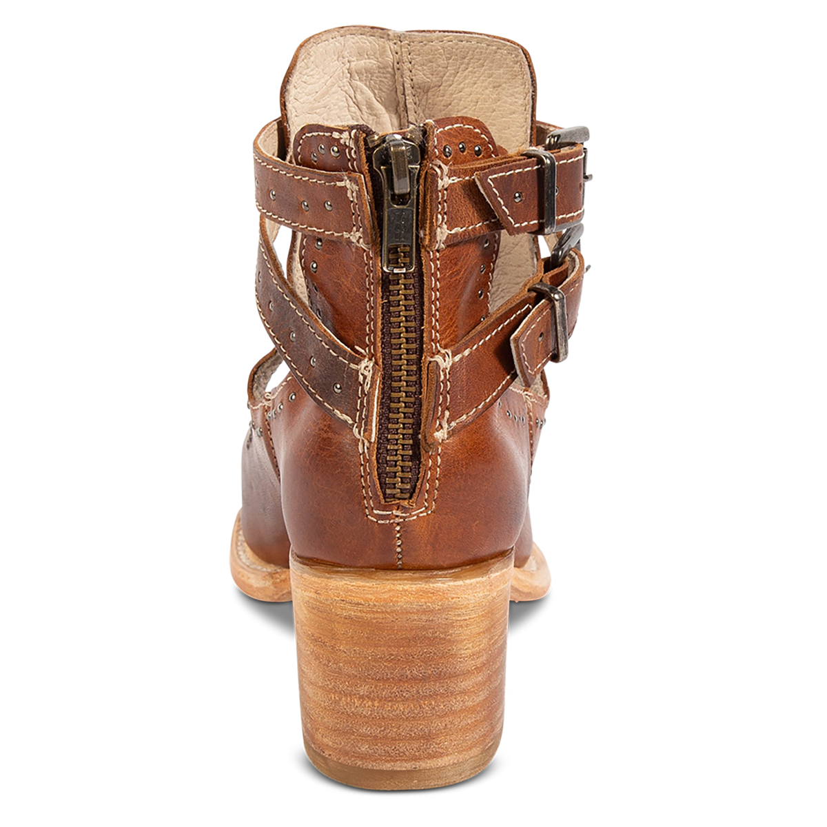 Back view showing an inside working brass zipper, adjustable leather straps and block heel on FREEBIRD women's Cosmic cognac leather sandal