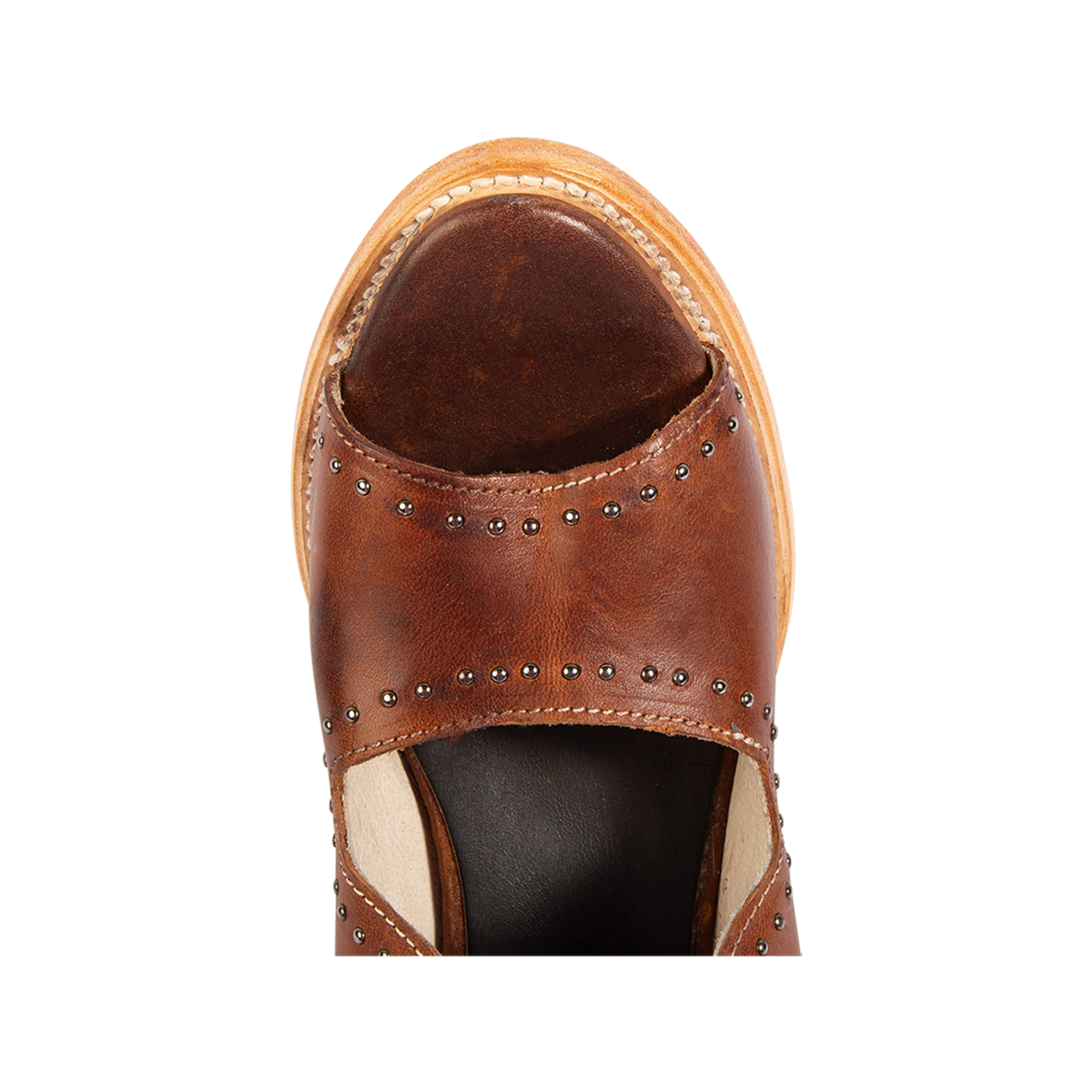 Top view showing a rounded toe and a Goodyear welt on FREEBIRD women's Cosmic cognac leather sandal