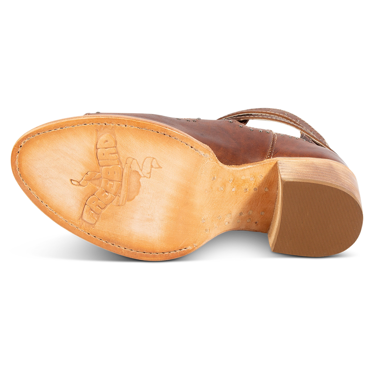 Leather sole imprinted with FREEBIRD women's Cosmic cognac leather sandal