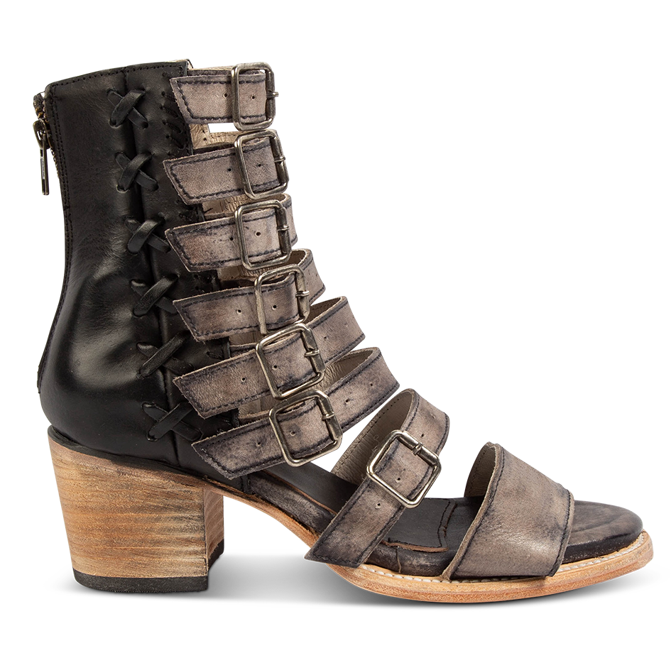 FREEBIRD women's Country black distressed leather sandal with adjustable leather straps, a working brass zipper and gore detailing