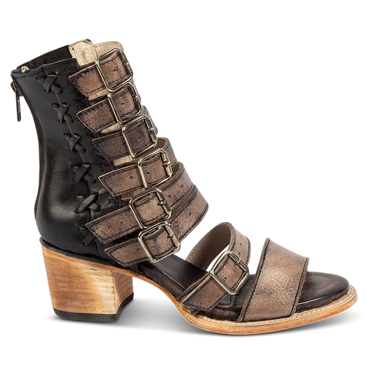 FREEBIRD women's Country black distressed leather sandal with adjustable leather straps, a working brass zipper and gore detailing