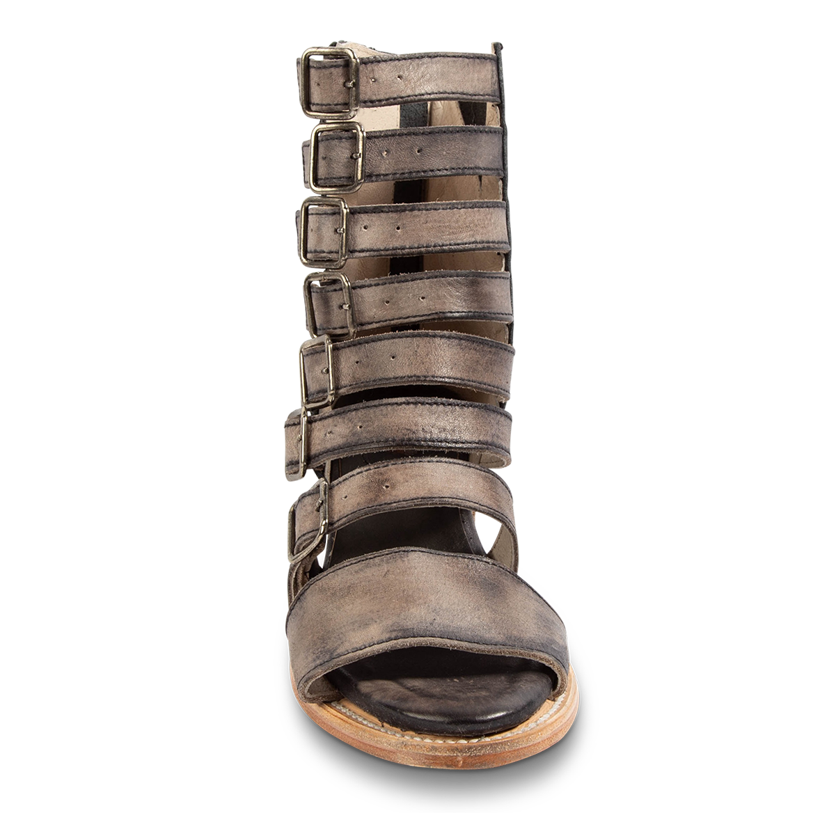 Front view showing FREEBIRD women's Country black distressed leather sandal with an open toe and adjustable leather straps