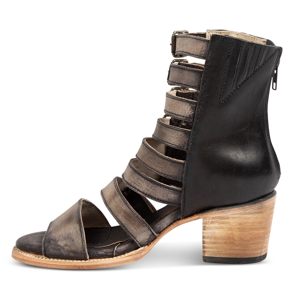 Inside view showing FREEBIRD women's Country black distressed leather sandal with gore detailing and adjustable leather straps