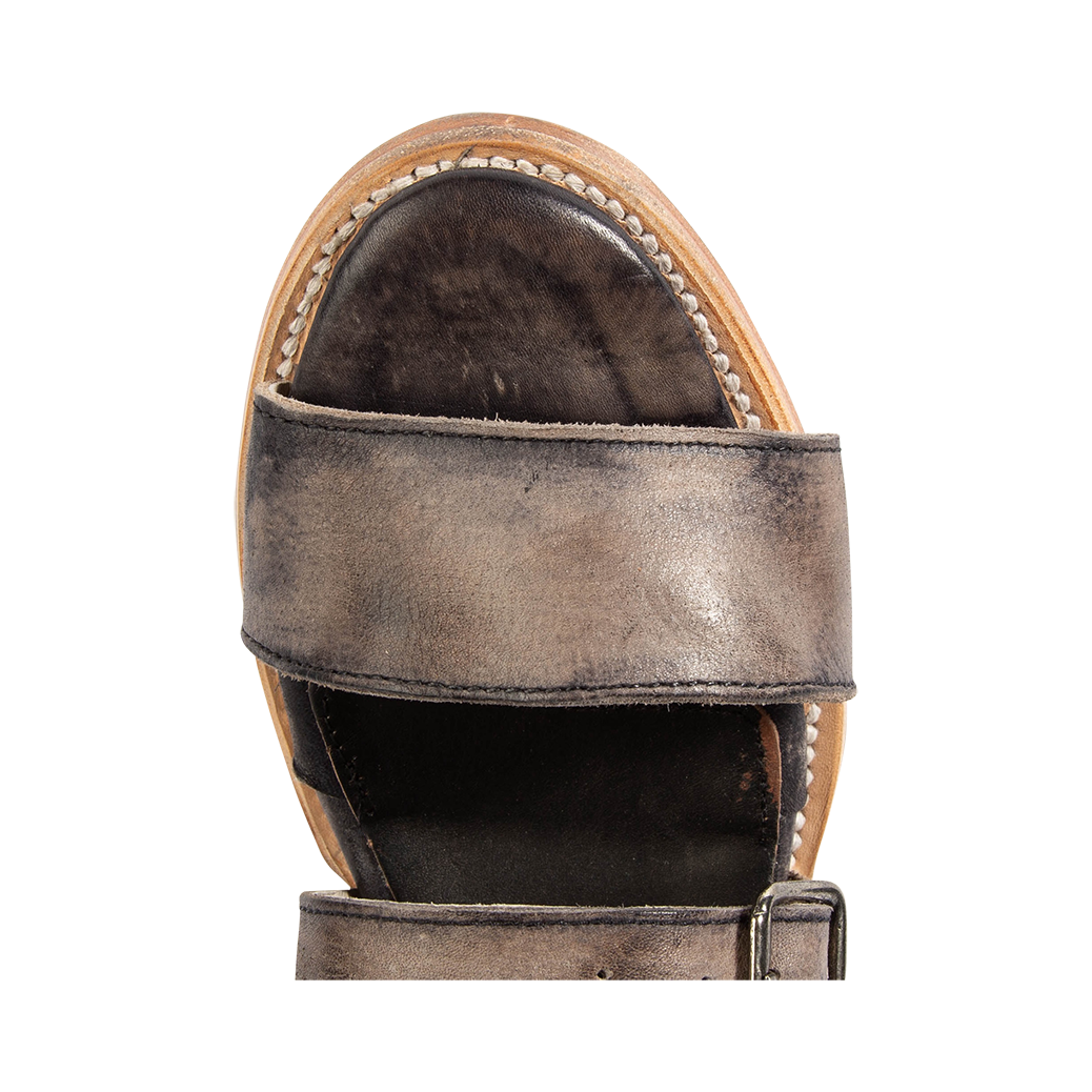 Top view showing open toe construction on FREEBIRD women's Country black distressed leather sandal
