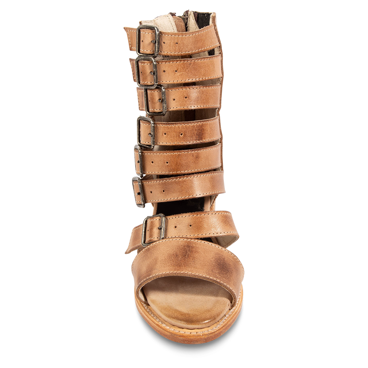 Front view showing FREEBIRD women's Country natural leather sandal with an open toe and adjustable leather straps