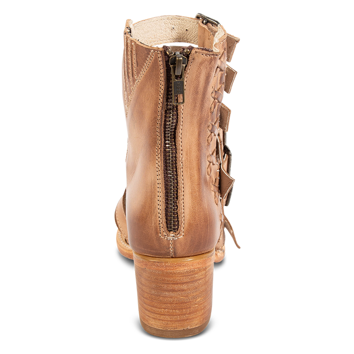 Back view showing a stacked heel and a working brass zipper on FREEBIRD women's Country natural leather sandal