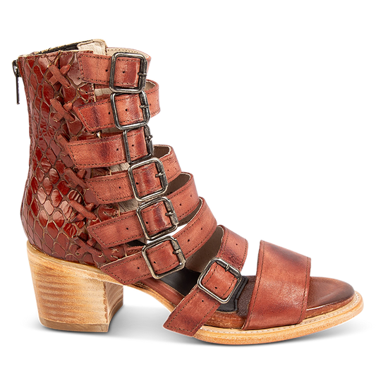 FREEBIRD women's Country rust snake multi embossed leather sandal with adjustable leather straps, a working brass zipper and gore detailing