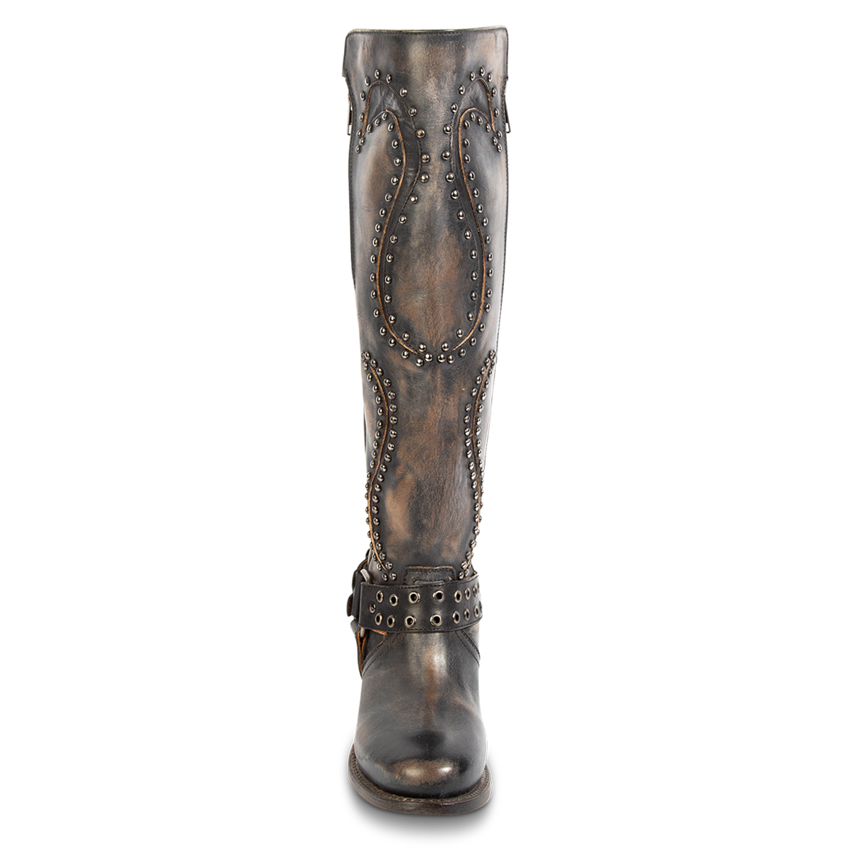 Front view showing eyelet ankle harness, stud and shaft stitch detailing on FREEBIRD women's Coyote black leather knee high boot 