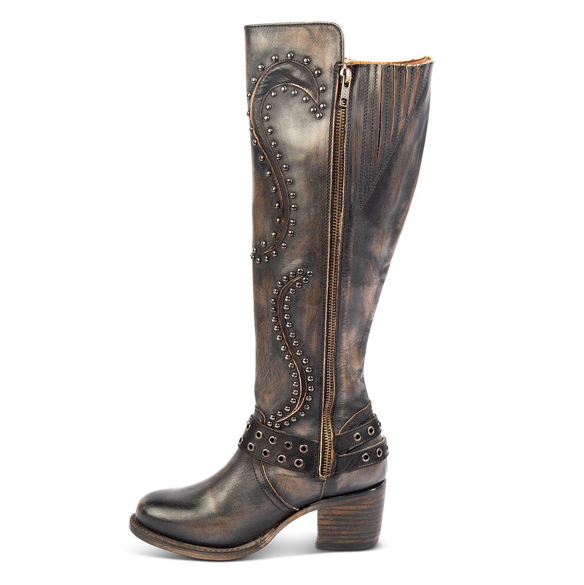 Inside view showing full inside working brass zipper and stud and stitch detailing on FREEBIRD women's Coyote black leather knee high boot 