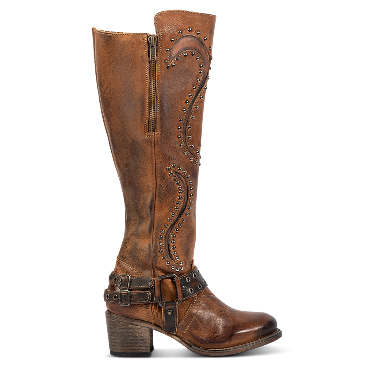 FREEBIRD women's Coyote brown leather knee high boot with studs and abstract stitching, block heel and eyelet ankle harness