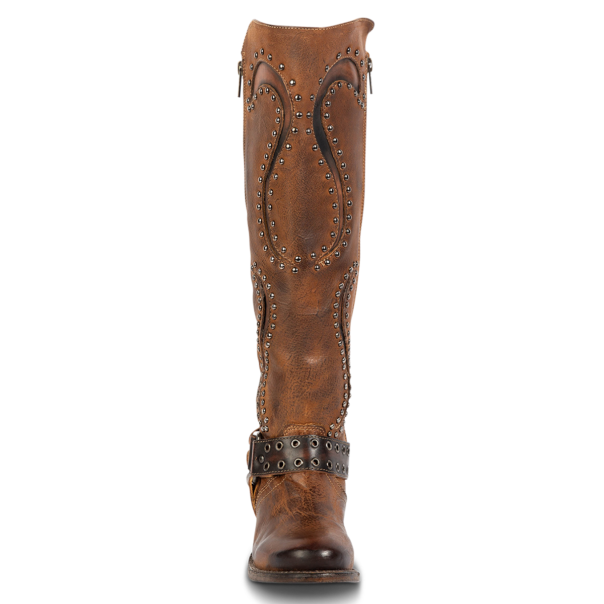 Front view showing eyelet ankle harness, stud and shaft stitch detailing on FREEBIRD women's Coyote brown leather knee high boot