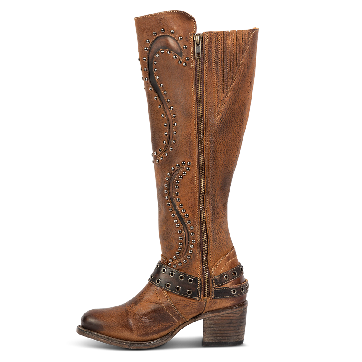 Inside view showing full inside working brass zipper and stud and stitch detailing on FREEBIRD women's Coyote brown leather knee high boot