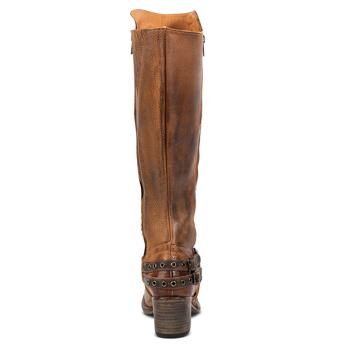 Back view showing eyelet ankle harness and block heel on FREEBIRD women's Coyote brown leather knee high boot