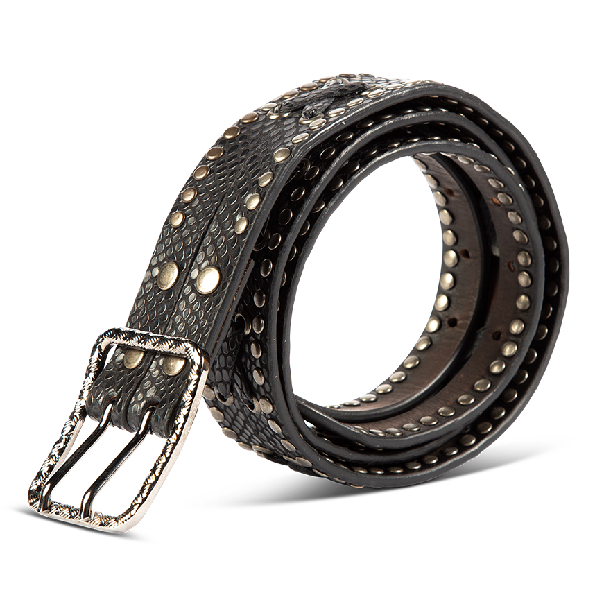 Cross black snake side view featuring silver hardware, stud detailing, and leather strap cross detailing on FREEBIRD full grain leather belt