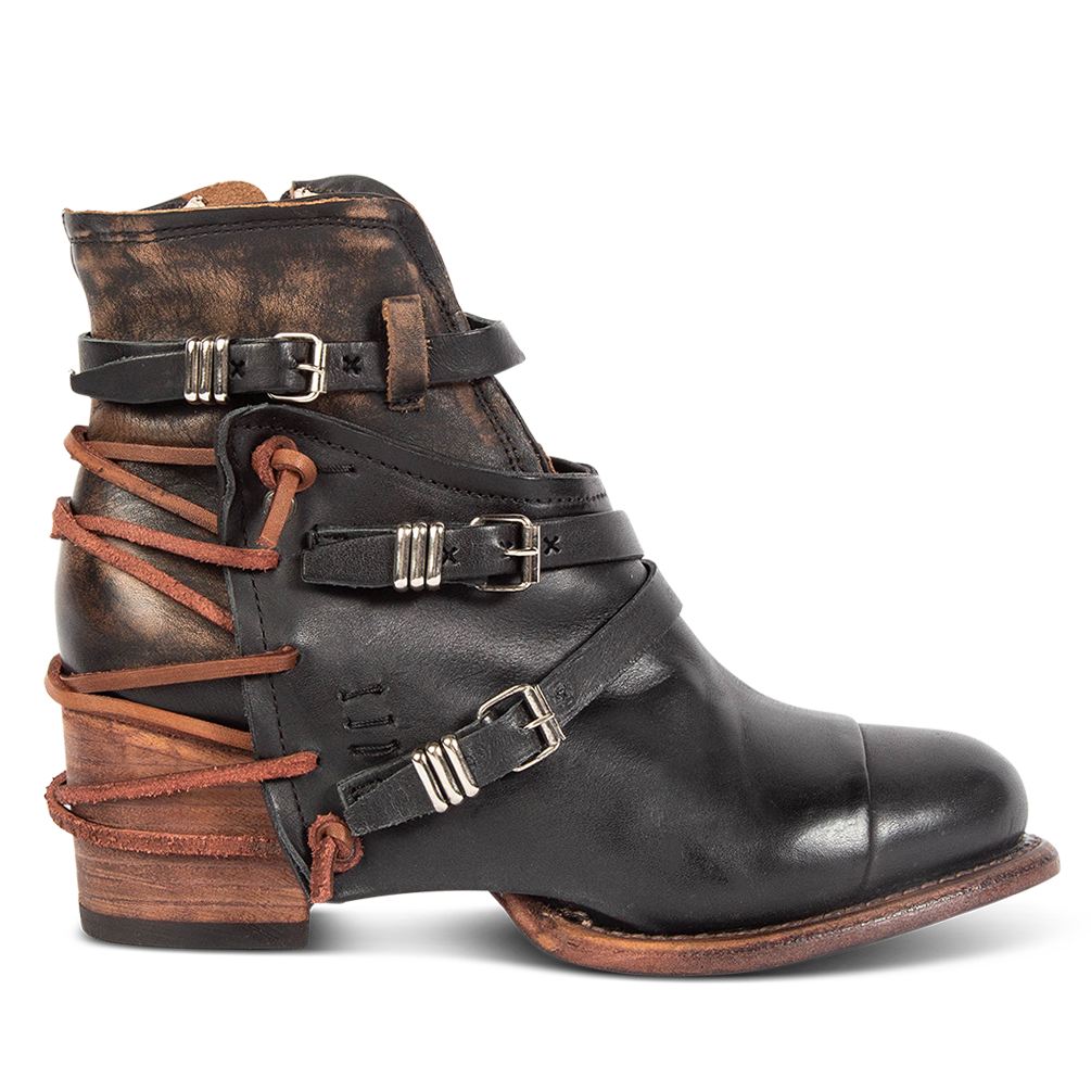 FREEBIRD women's Crue black multi leather cutout ankle bootie with silver hardware straps and back lacing detail