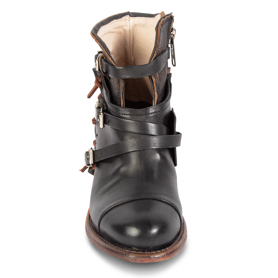 Front view showing cutout and leather ankle straps on FREEBIRD women's Crue black multi leather bootie