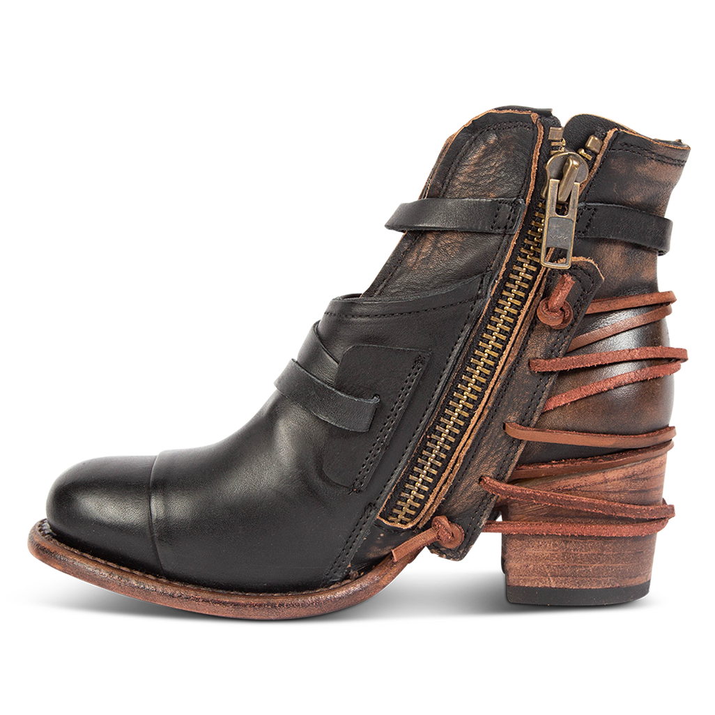 Inside view showing working brass zip closure on FREEBIRD women's Crue black multi leather bootie