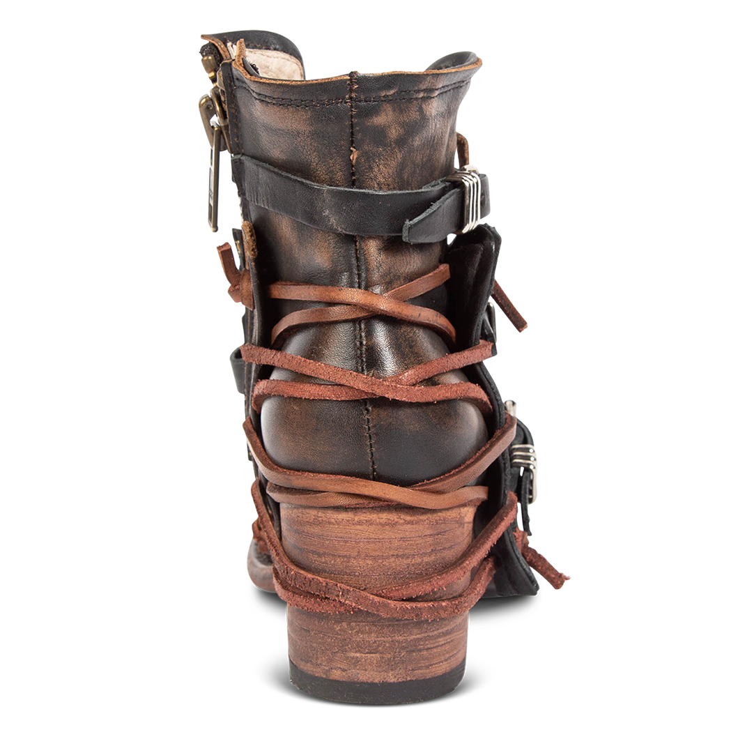 Back view showing brown leather lacing and wood wrapped heel on FREEBIRD women's Crue black multi leather bootie