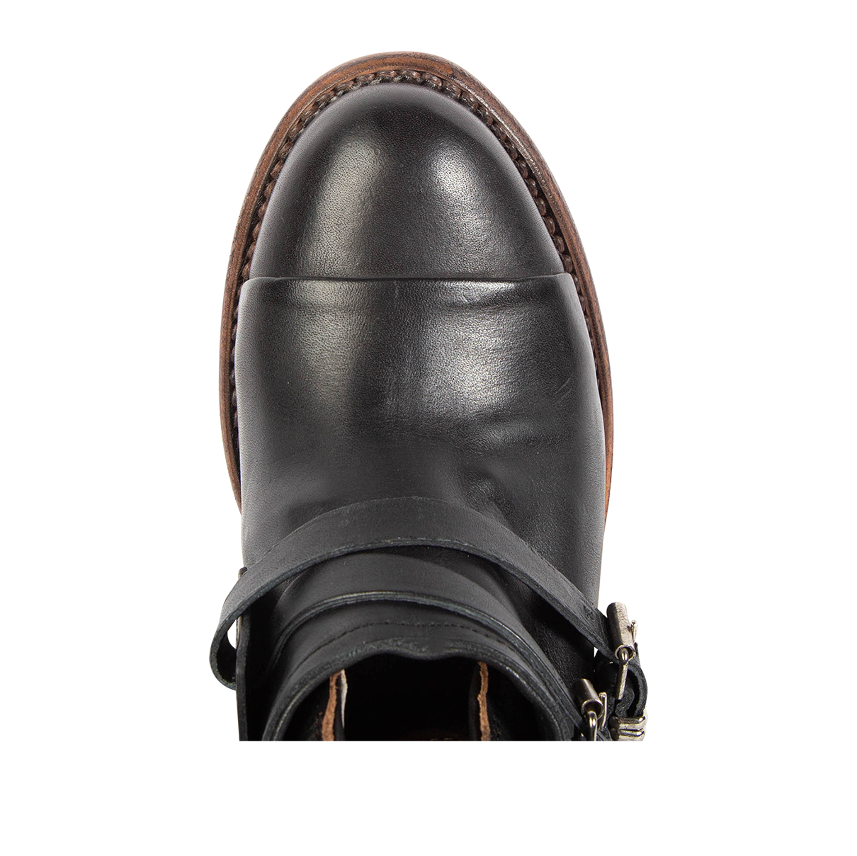 Top view showing almond toe on FREEBIRD women's Crue black multi leather bootie