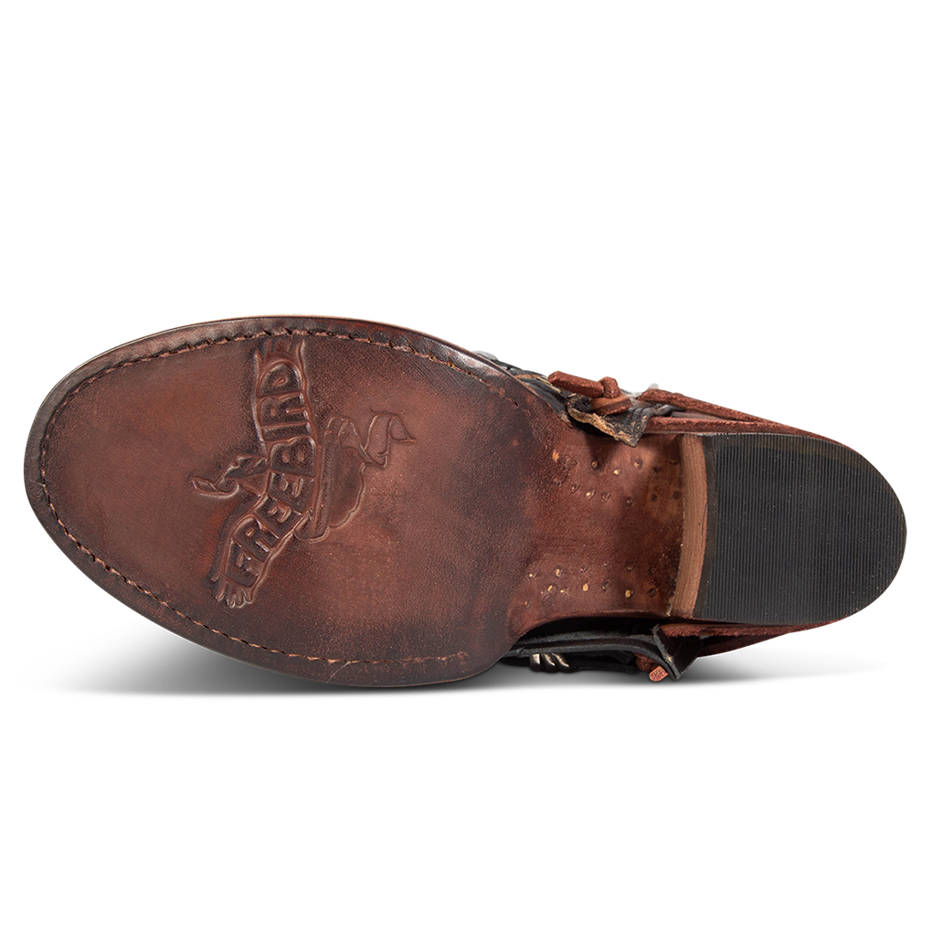 Leather sole imprinted with FREEBIRD on women's Crue black multi leather bootie