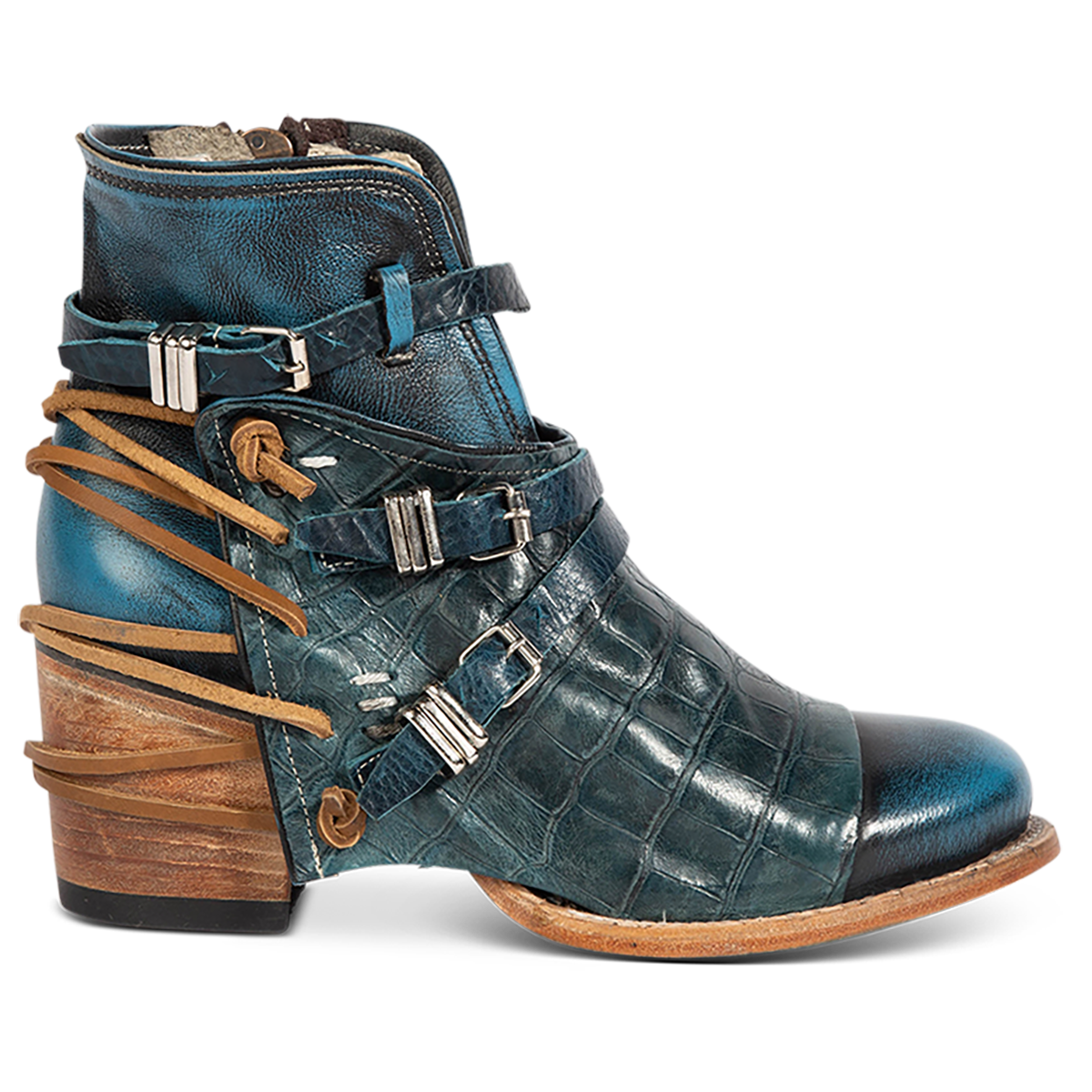 CRUE Blue Multi leather backlace booties with two-texture leather, decorative buckled straps, and side zippers.