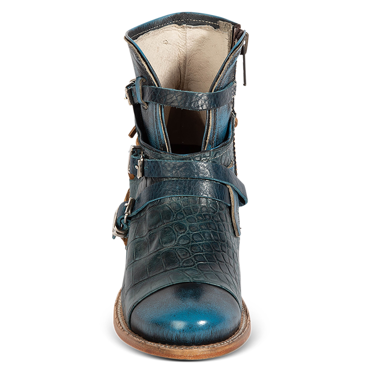 Front view showing Freebird women's Crue blue multi leather back lacing bootie with decorative buckles and a front-dip with embossed leather