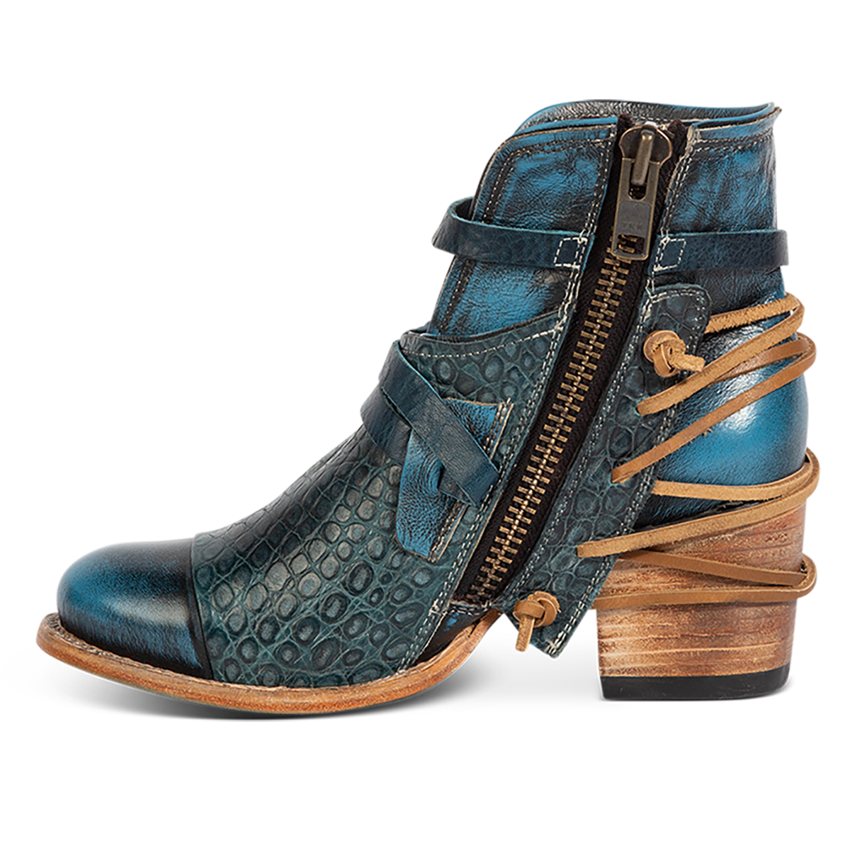 Inside view showing a full working zipper and embossed leather detailing on FREEBIRD women's Crue blue multi leather back lacing bootie