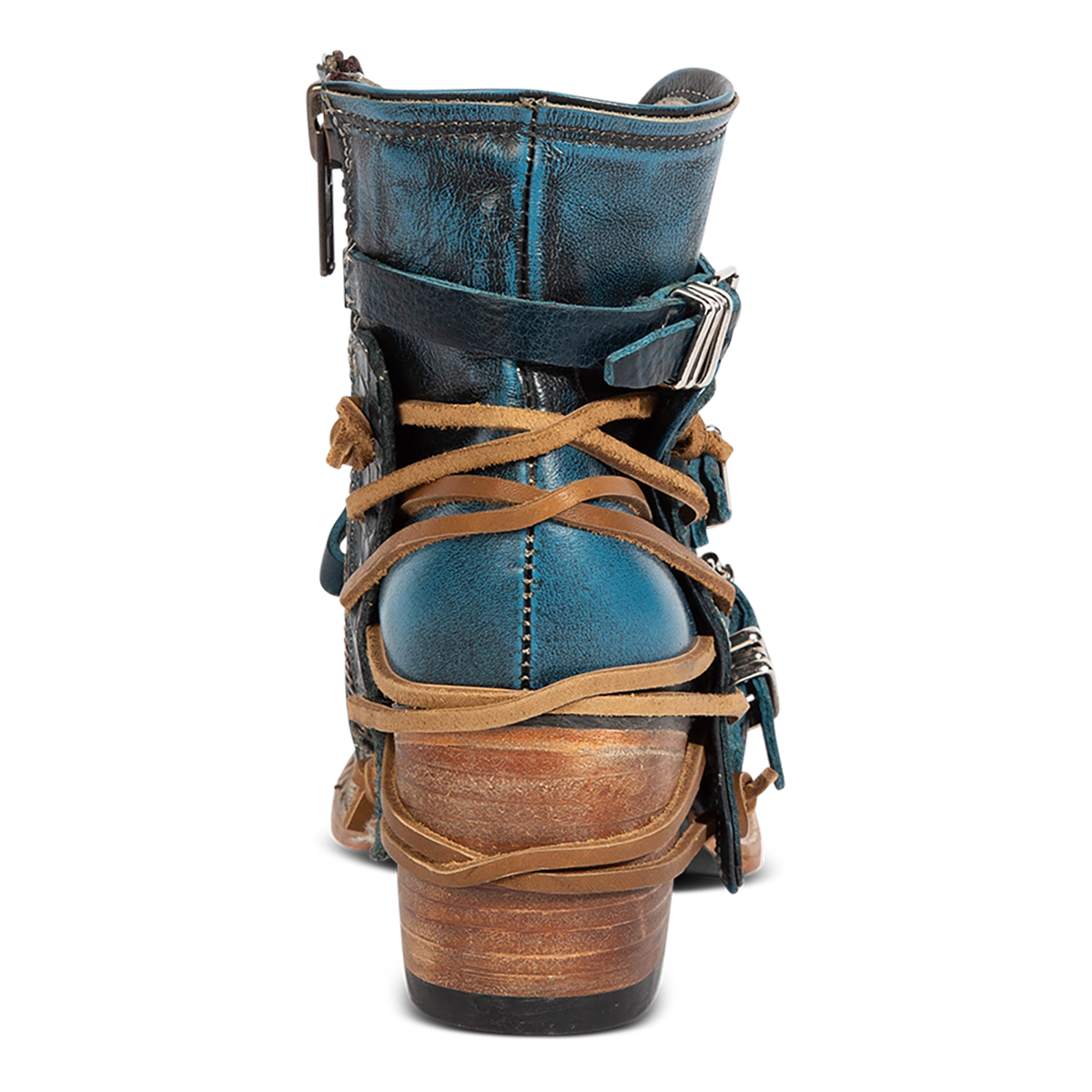 Back view showing a lifted heel and back tie lacing on FREEBIRD women's Crue blue multi leather back lacing bootie