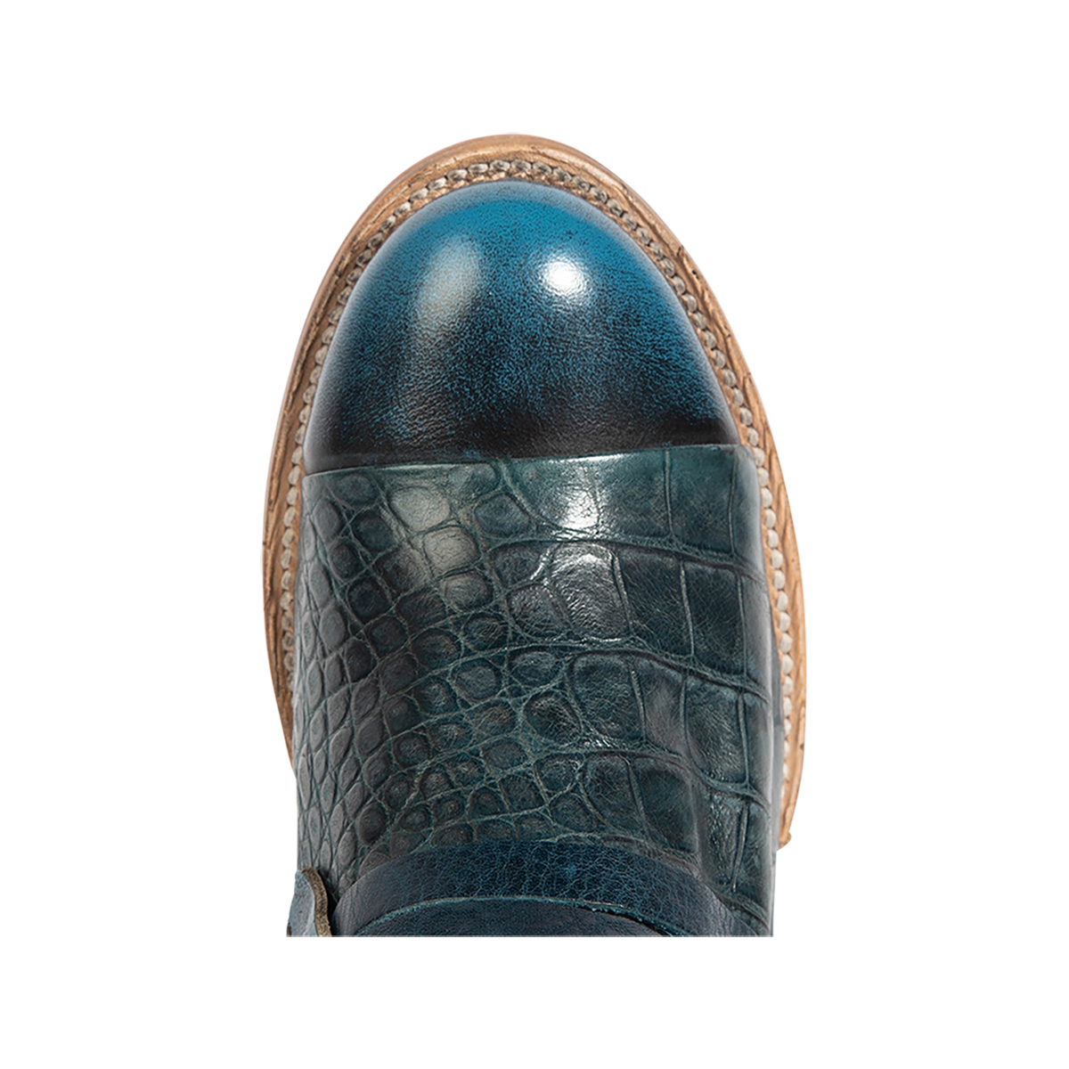 Top view showing two-texture leather on FREEBIRD women's Crue blue multi lack lacing bootie