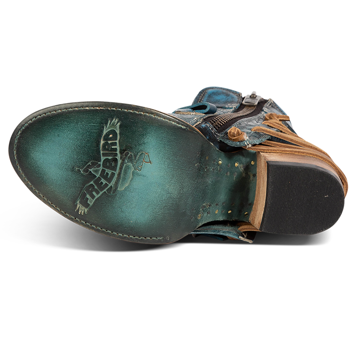 Leather sole imprinted with FREEBIRD on women's Crue blue multi leather lacing bootie