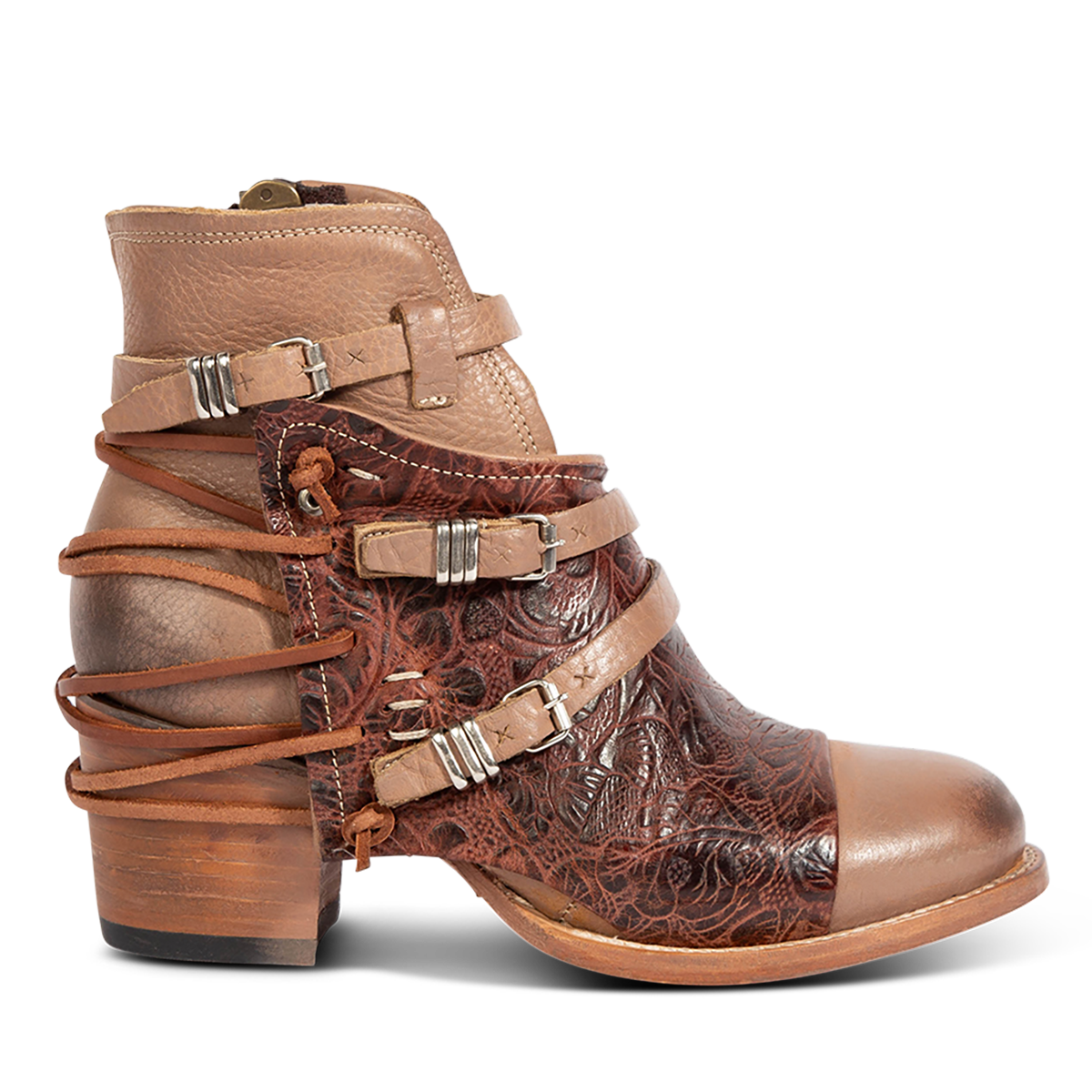 CRUE clay Multi leather back lace booties with two-texture leather, decorative buckled straps, and inside zippers