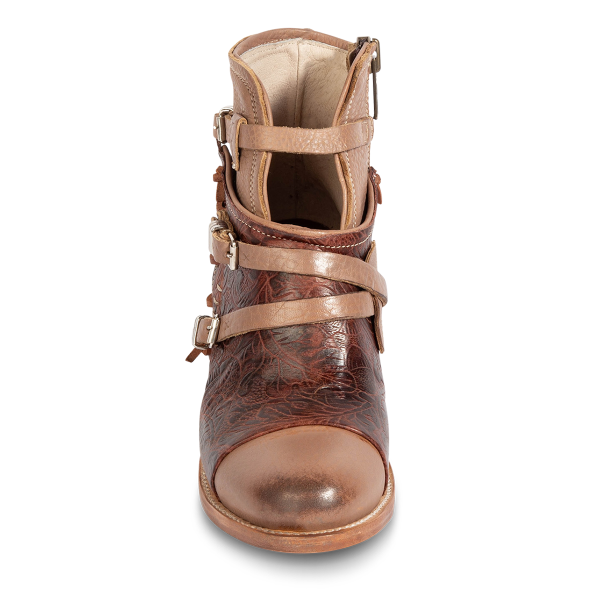 Front view showing Freebird women's Crue clay multi leather back lacing bootie with decorative buckles and a front-dip with embossed leather